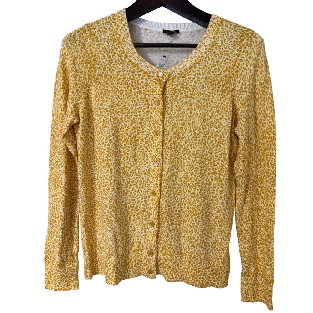 Talbots Women's Yellow Leopard Print Button Front Cardigan Sweater Size L NWT